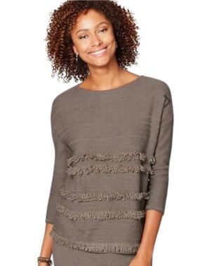 J. Jill Boat Neck Long Sleeves Fringe Wool Blend Sweater In Mocha Heather Sz L